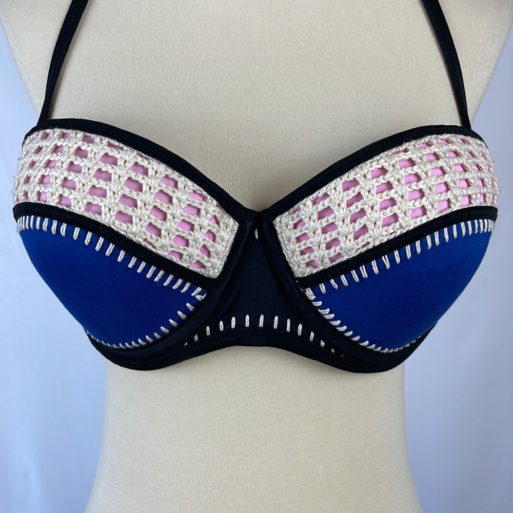 Victoria's Secret Blue Pink and Ivory Bikini Top w/Crochet Detail - Size 34D - Picture 4 of 15